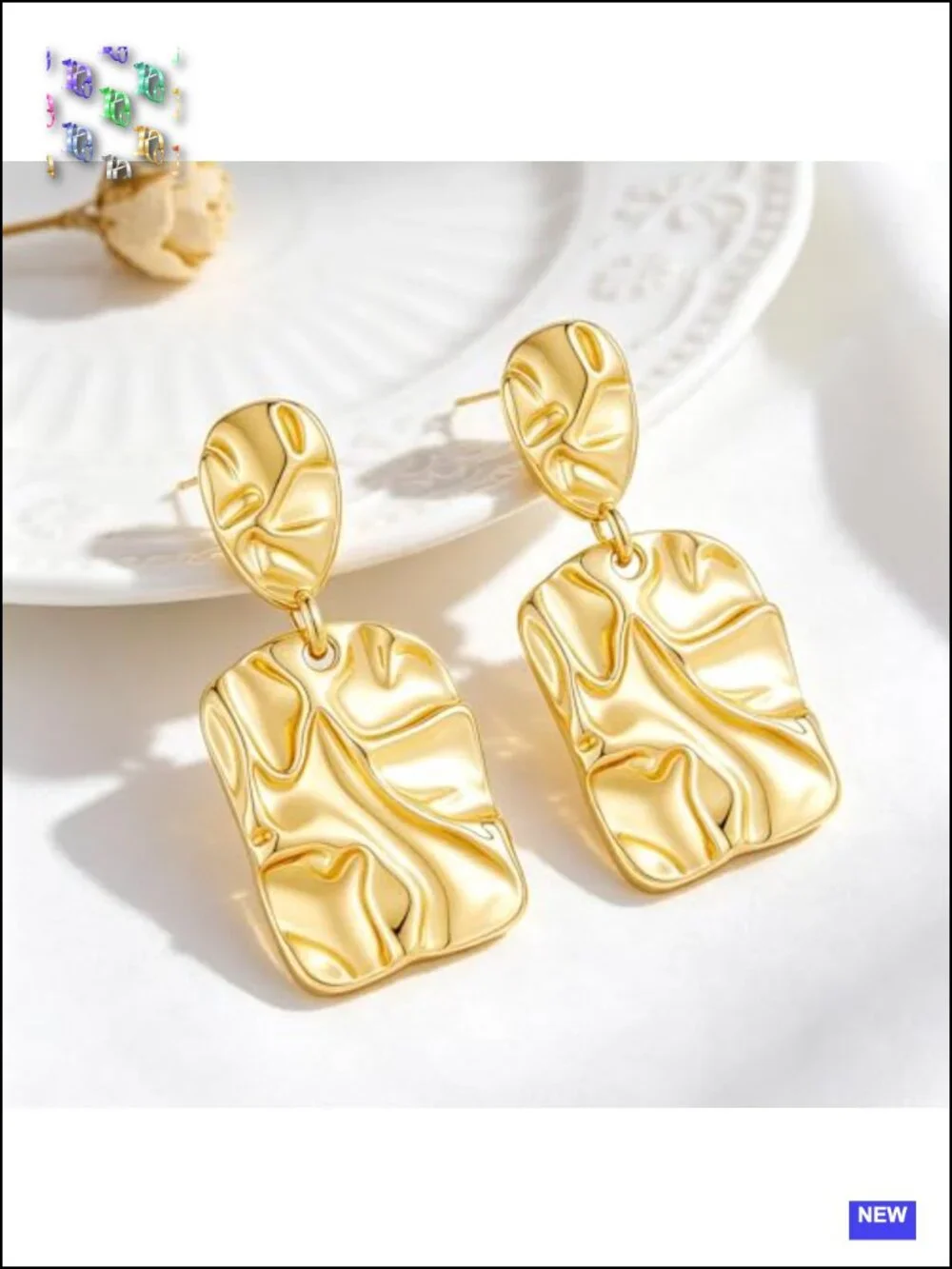 14K Gold Plated Hammered Drop Dangle Earrings for Women, Lightweight Geometric